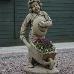 Boy & Barrow Stone Garden Statue