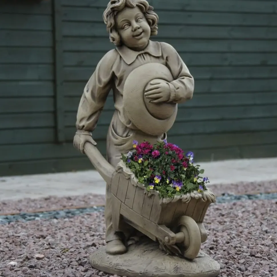 Boy & Barrow Stone Garden Statue