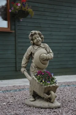 Boy & Barrow Stone Garden Statue