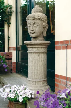 Buddha Head Stone Garden Ornament on Pedestal