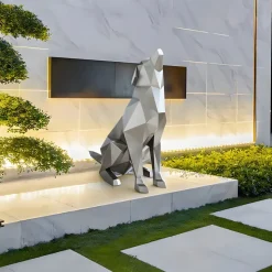 Dog 100cm Silver Geometric Metal Garden Sculpture