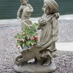 Girl & Barrow Stone Garden Statue