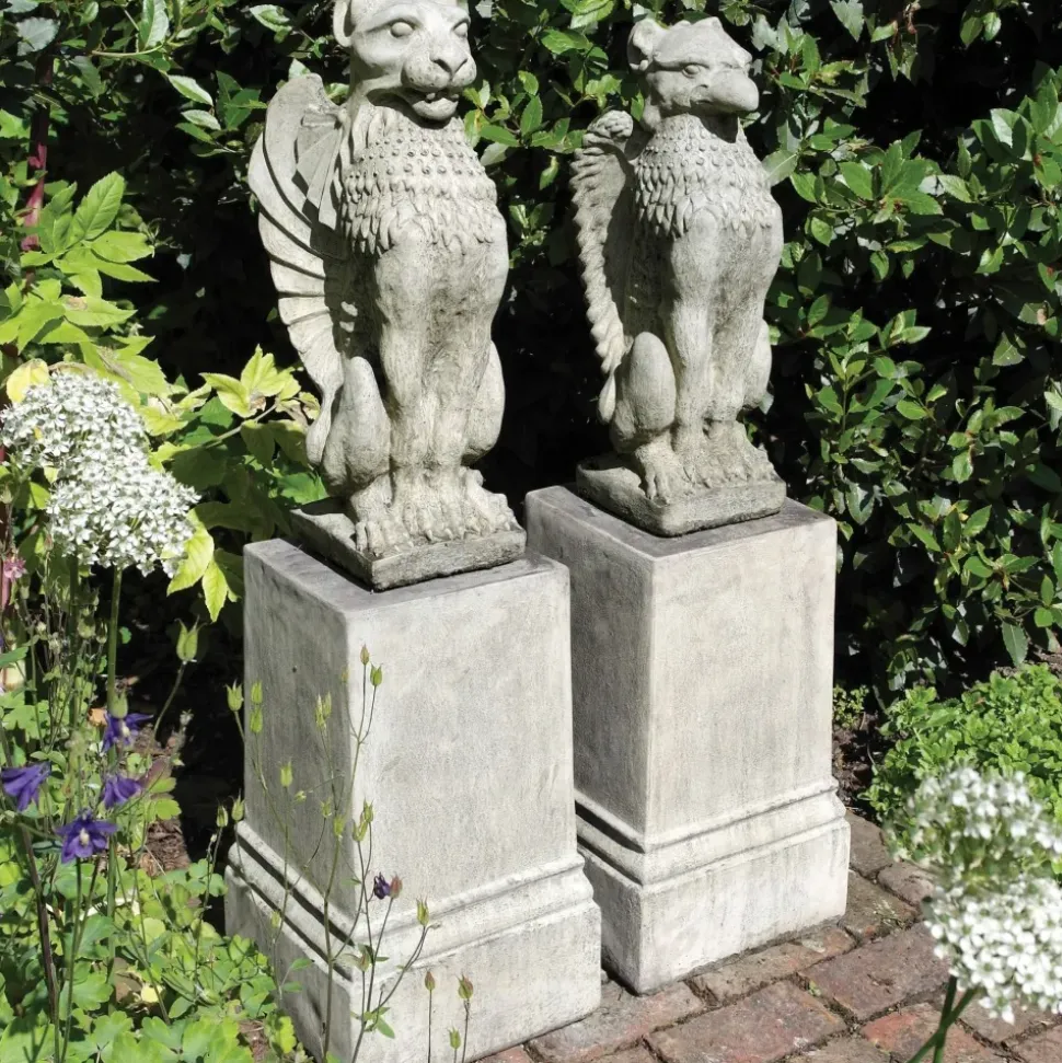 Gothic Griffin & Lion on Pedestal Stone Garden Statues
