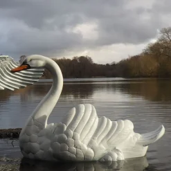 Grand Laying Swan Antique White Metal Garden Statue