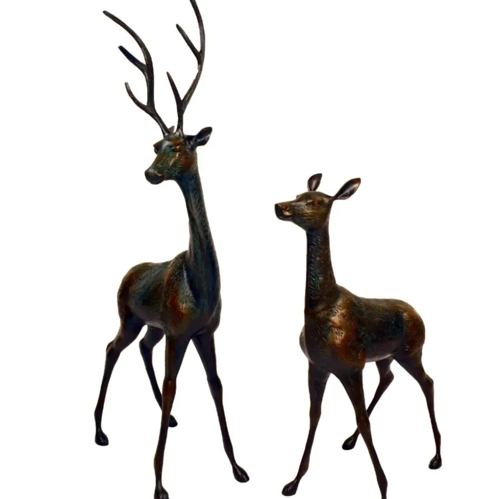 Grand Stag & Doe Bronze Metal Garden Statues