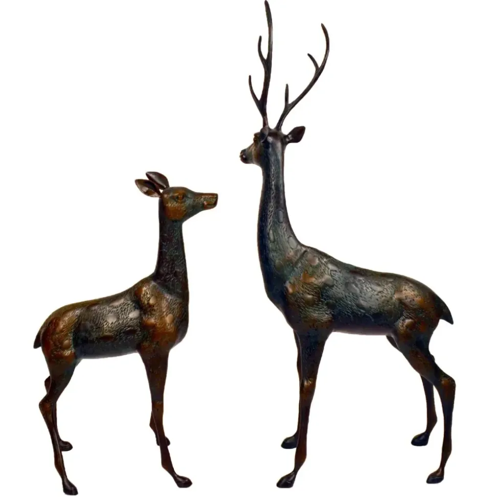 Grand Stag & Doe Bronze Metal Garden Statues