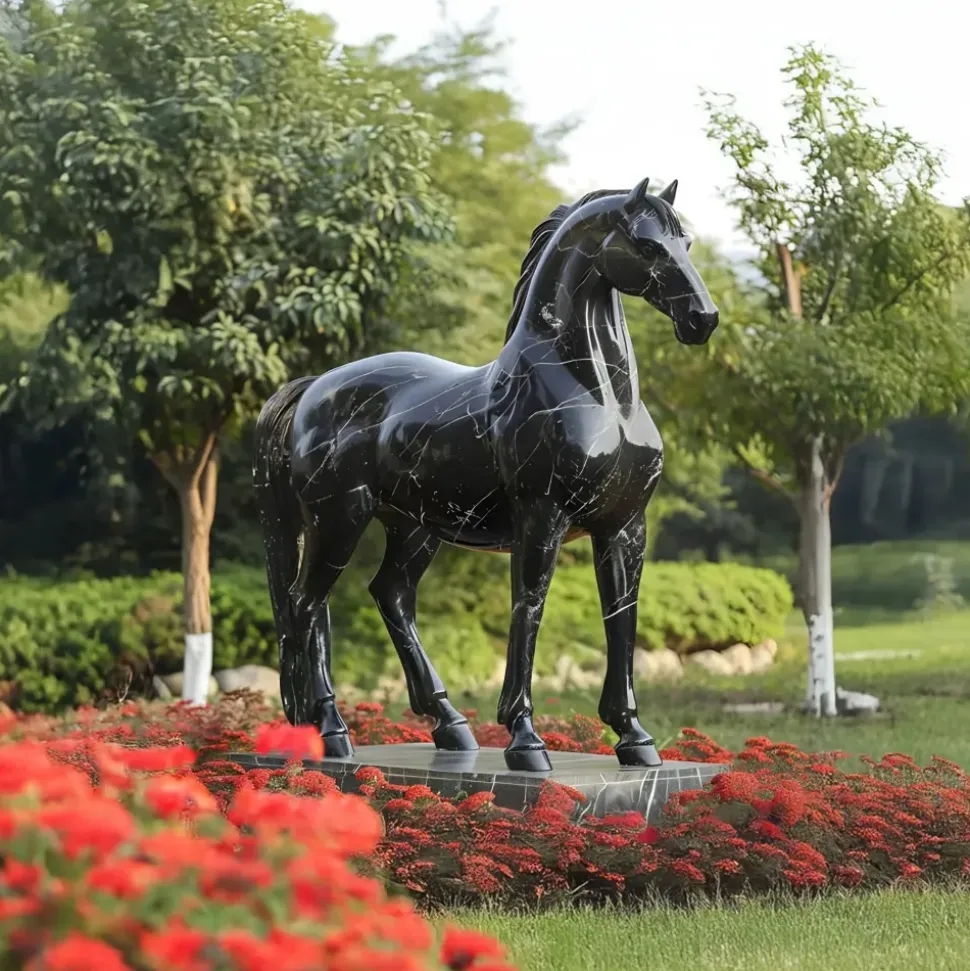 Imperial Stallion 220cm Black Marble Garden Statue