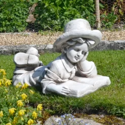 Laying Reading Boy 36cm Stone Resin Garden Statue