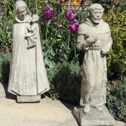 Madonna and Friar Monk Stone Garden Statues