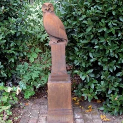 Owl on Pedestal Modern Stone Garden Statue (Rust)