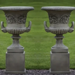 Pair of Grecian Stone Garden Planter Urns on Pedestals