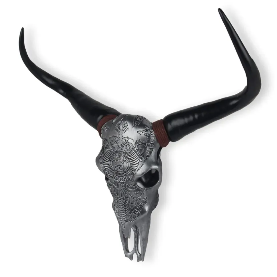 Sacred Buffalo 63cm Silver Resin Wall Sculpture