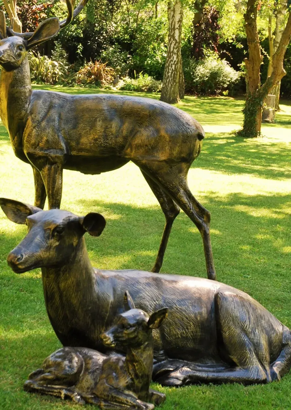 Stag Doe & Fawn Collection Bronze Metal Garden Statues