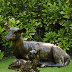 Stag Doe & Fawn Collection Bronze Metal Garden Statues