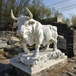 Titan Bull 150cm White Marble Garden Statue v1