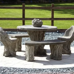 Woodlands Stone Benches & Table Patio Garden Furniture Set