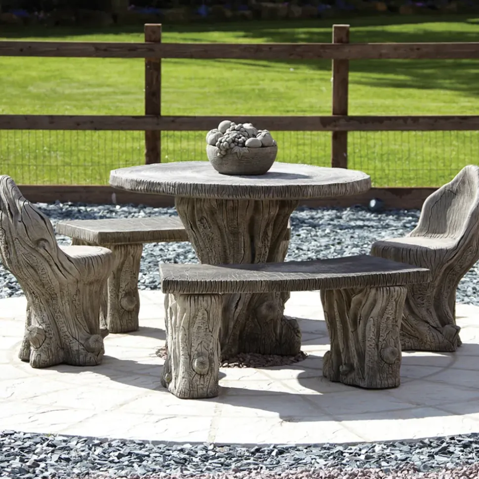Woodlands Stone Benches & Table Patio Garden Furniture Set