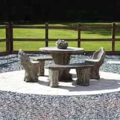 Woodlands Stone Benches & Table Patio Garden Furniture Set