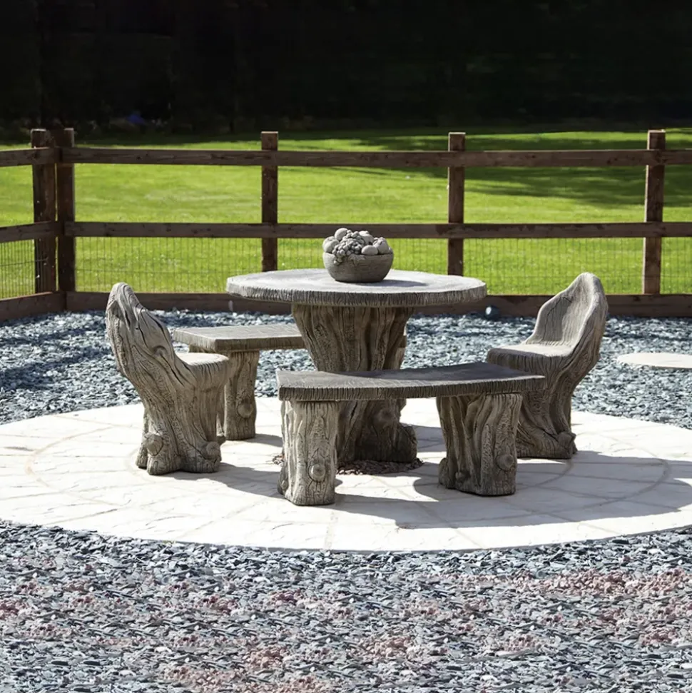 Woodlands Stone Benches & Table Patio Garden Furniture Set